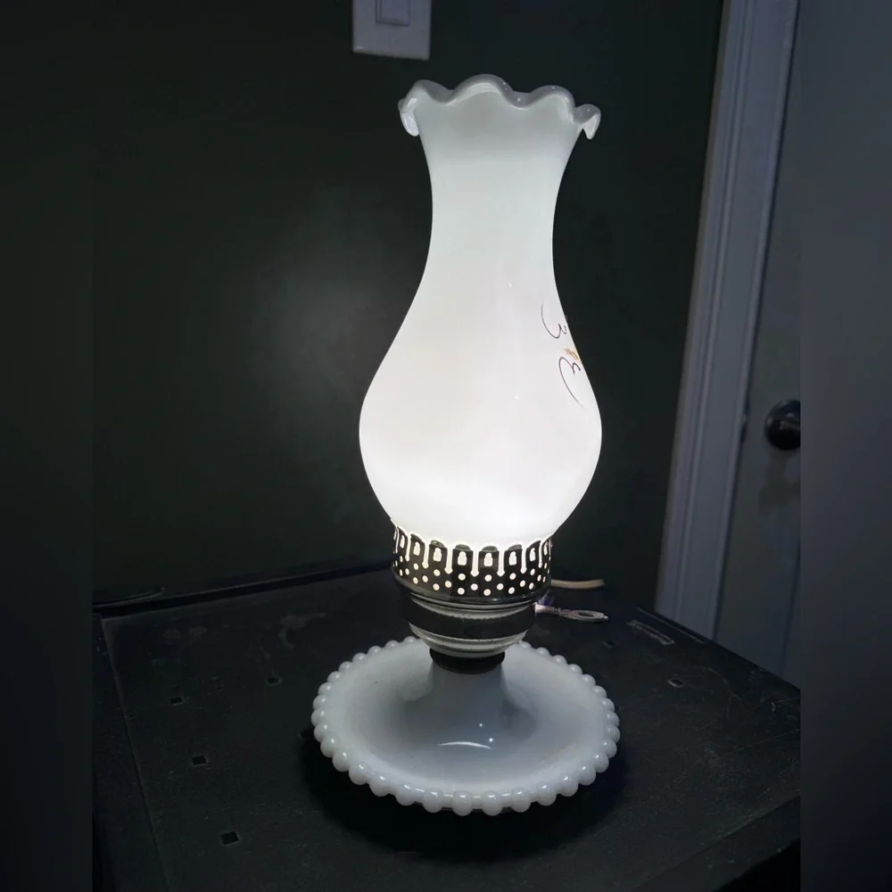 Milk Glass Hurricane Vanity Table Lamp Victorian Style Dogwood Ruffled Edge (2)
